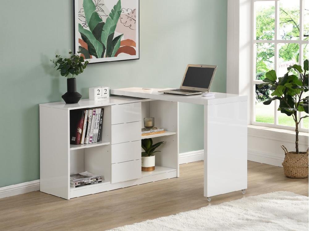 vente unique Bureau extensible avec plateau pivotant 360° - MDF - Blanc laqué - PAVELO