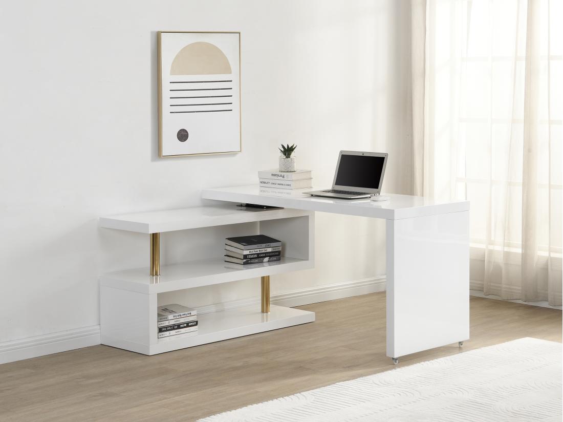 Vente Unique Bureau Extensible Avec Plateau Pivotant 360°- MDF Laqué - Blanc Et Doré - NICEPHORE II