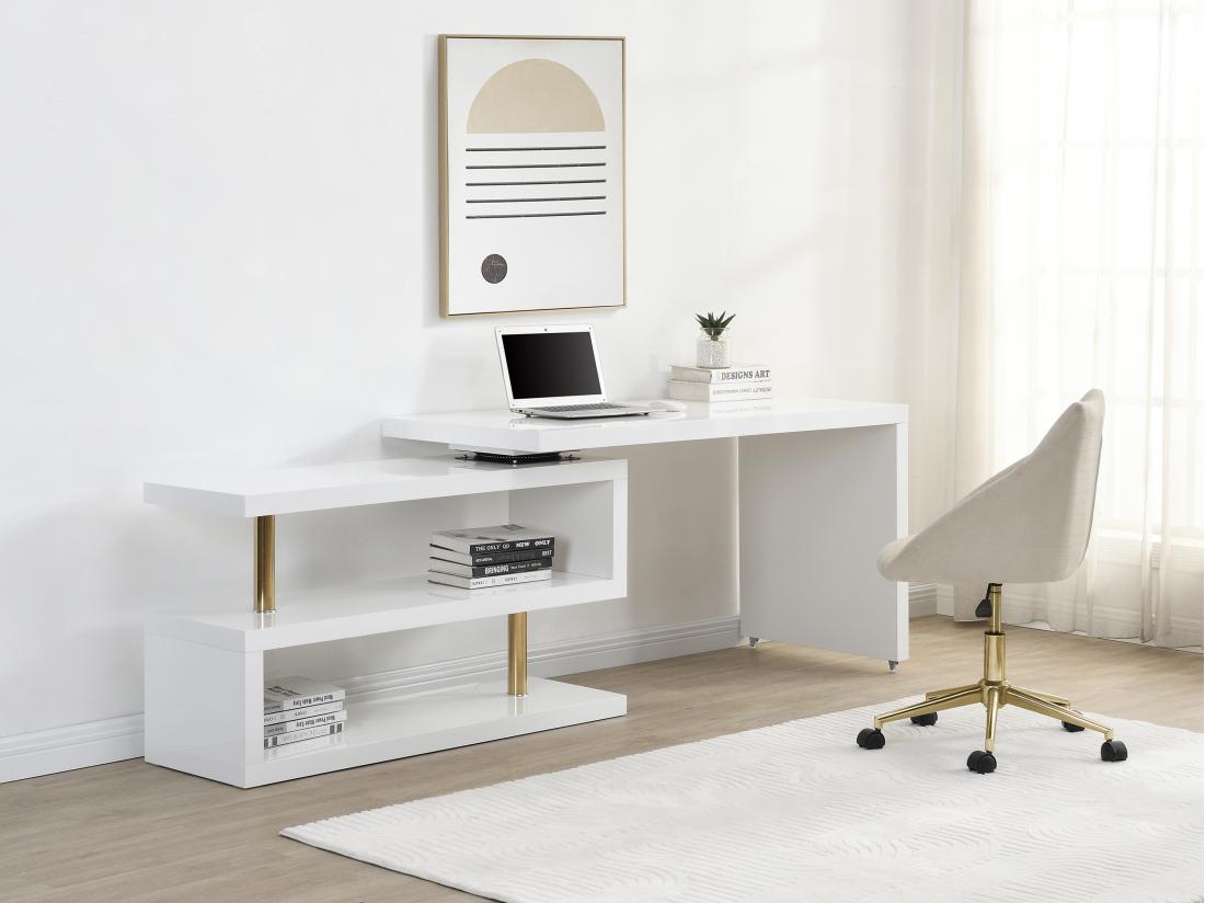 Vente Unique Bureau Extensible Avec Plateau Pivotant 360°- MDF Laqué - Blanc Et Doré - NICEPHORE II