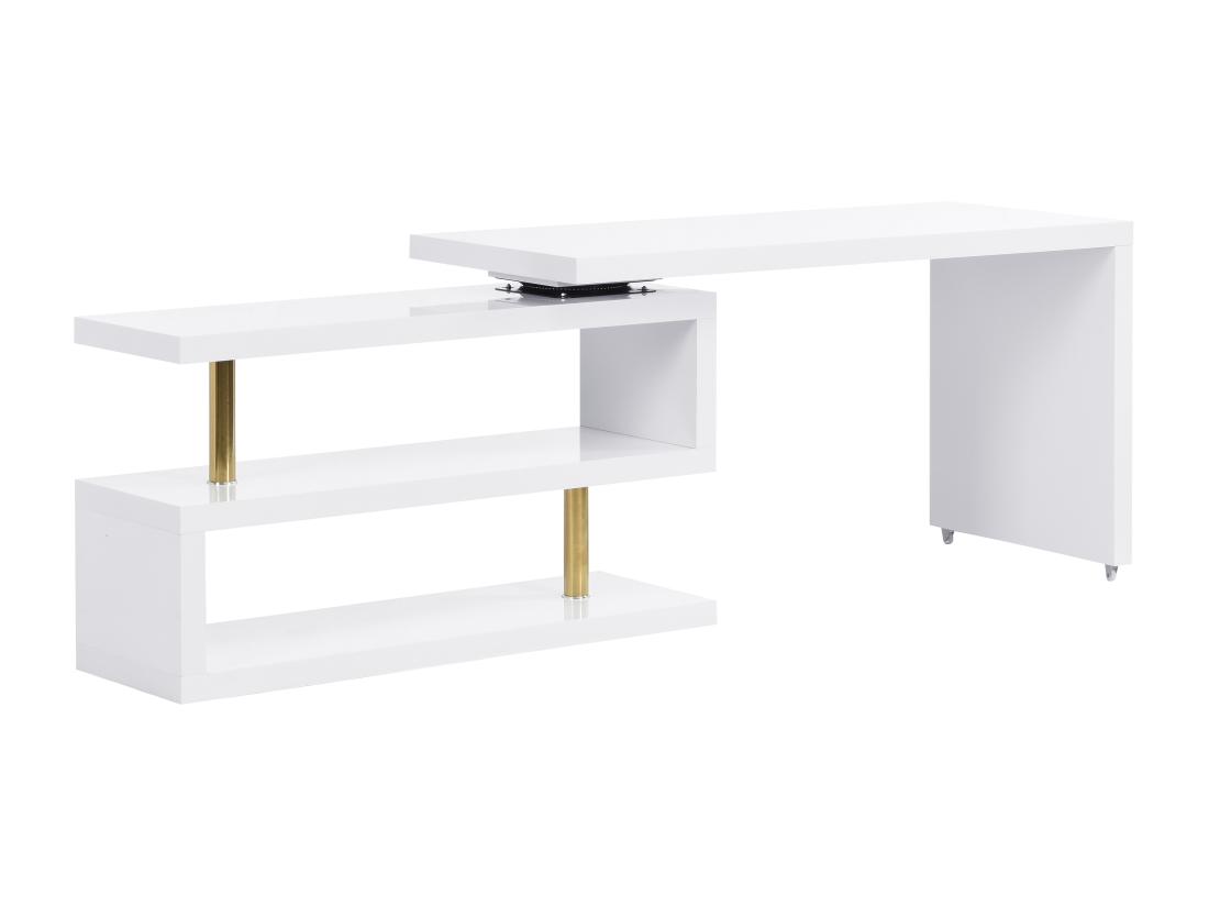 Vente Unique Bureau Extensible Avec Plateau Pivotant 360°- MDF Laqué - Blanc Et Doré - NICEPHORE II