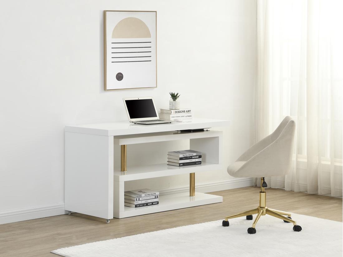 vente unique Bureau extensible avec plateau pivotant 360°- MDF laqué - Blanc et doré - NICEPHORE II