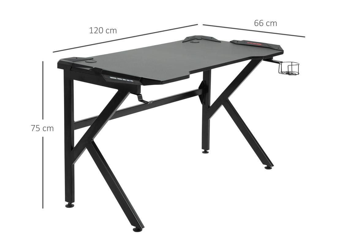 Vente Unique Bureau Gaming Bureau Gamer Bureau Informatique Support Casque Porte-gobelet Passe-câbles Inclus Métal MDF Texture Fibre Carbone Noir