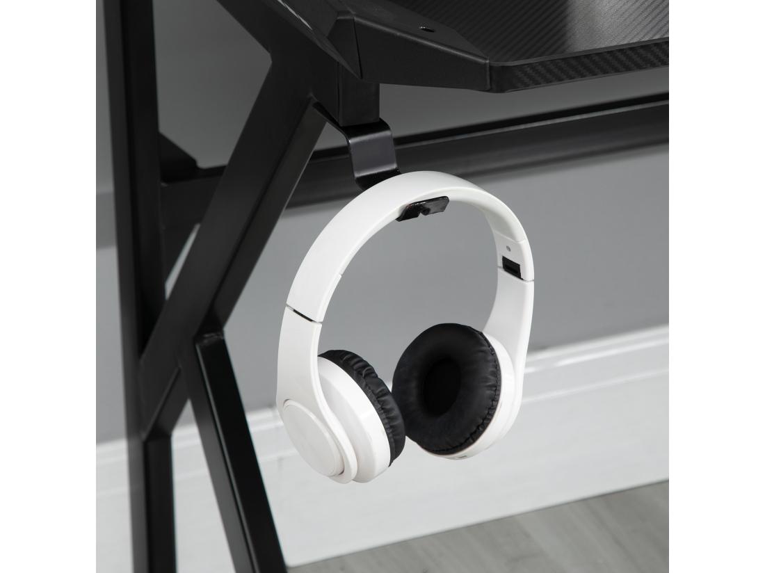 Vente Unique Bureau Gaming Bureau Gamer Bureau Informatique Support Casque Porte-gobelet Passe-câbles Inclus Métal MDF Texture Fibre Carbone Noir