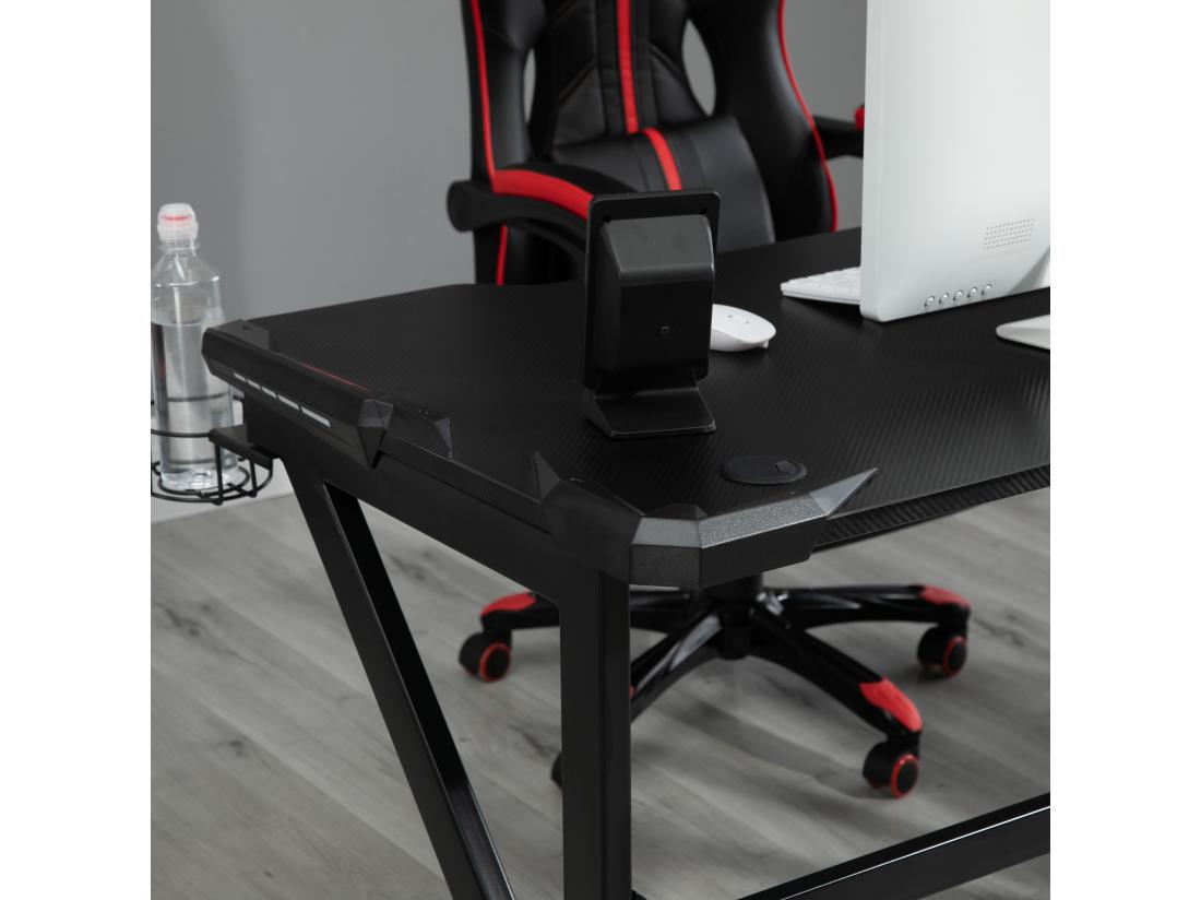 Vente Unique Bureau Gaming Bureau Gamer Bureau Informatique Support Casque Porte-gobelet Passe-câbles Inclus Métal MDF Texture Fibre Carbone Noir
