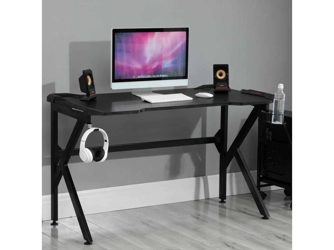 Vente Unique Bureau Gaming Bureau Gamer Bureau Informatique Support Casque Porte-gobelet Passe-câbles Inclus Métal MDF Texture Fibre Carbone Noir