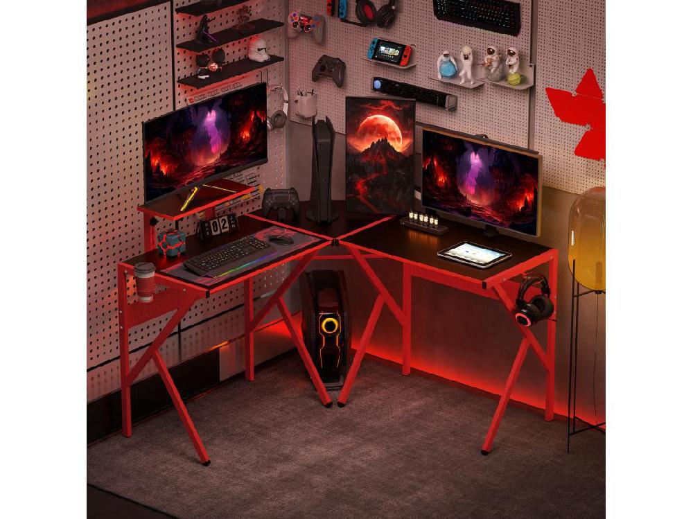 Vente Unique Bureau Gaming D'angle Bureau Gamer Bureau Informatique Bracket Casque Porte-gobelet étagère écran Réglable Métal Panneaux Texture Carbone Noir Rouge