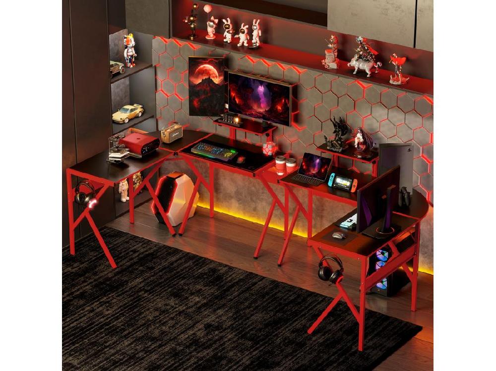 Vente Unique Bureau Gaming D'angle Bureau Gamer Bureau Informatique Bracket Casque Porte-gobelet étagère écran Réglable Métal Panneaux Texture Carbone Noir Rouge