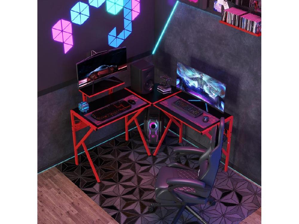 Vente Unique Bureau Gaming D'angle Bureau Gamer Bureau Informatique Bracket Casque Porte-gobelet étagère écran Réglable Métal Panneaux Texture Carbone Noir Rouge