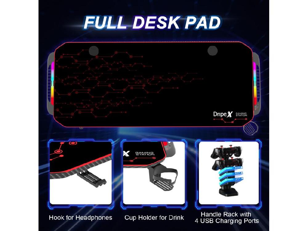 Vente Unique Bureau Gaming Ergonomique Table D'ordinateur Avec LED Grand Bureau De Jeu Avec Panier à Boissons Crochet Pour Casque Adapté Au Bureau Maison 140x60x75cm