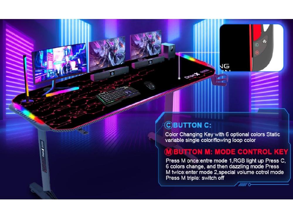 vente unique Bureau Gaming Ergonomique Table d'ordinateur avec LED Grand Bureau de jeu avec Panier à Boissons Crochet Pour Casque Adapté au Bureau Maison 140x60x75cm