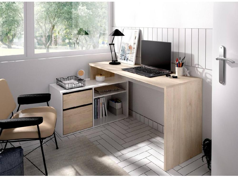 Vente Unique Bureau Gardena Bureau Multi-positions Pour Le Bureau Ou La Chambre Table D'étude D'angle Polyvalente 139x92h75 Cm Blanc Et Chêne