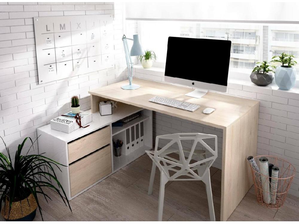 Vente Unique Bureau Gardena Bureau Multi-positions Pour Le Bureau Ou La Chambre Table D'étude D'angle Polyvalente 139x92h75 Cm Blanc Et Chêne