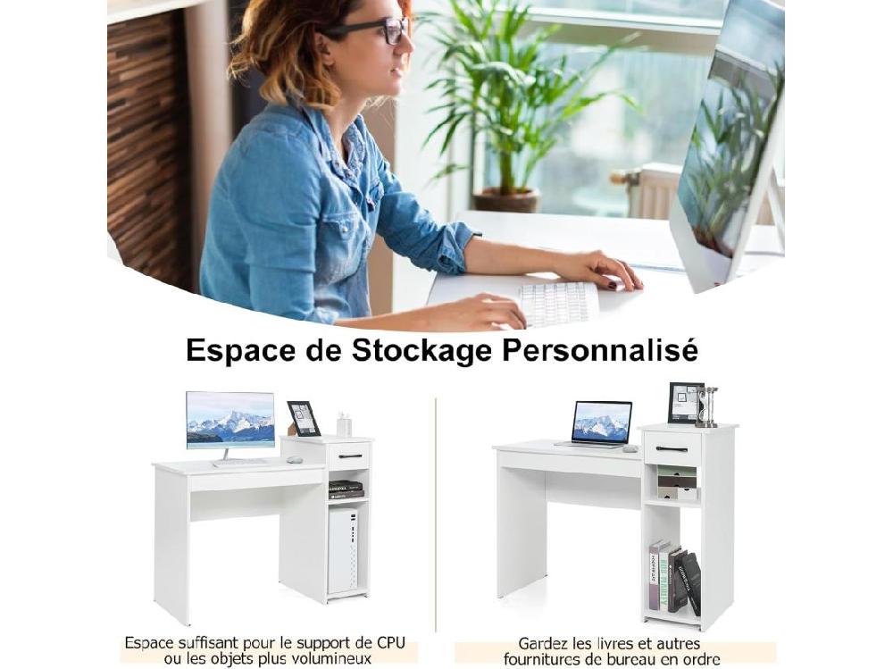 Vente Unique Bureau Informatique Avec Tiroir Et Support PC Bureau D’Ordinateur En MDF Avec Étagère De Rangement à 2 Niveaux Table De Travail Pour Ordinateur 102 X 50 X 82 Cm (Blanc)