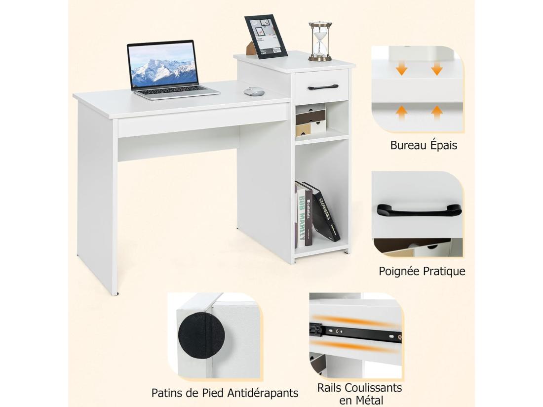 Vente Unique Bureau Informatique Avec Tiroir Et Support PC Bureau D’Ordinateur En MDF Avec Étagère De Rangement à 2 Niveaux Table De Travail Pour Ordinateur 102 X 50 X 82 Cm (Blanc)