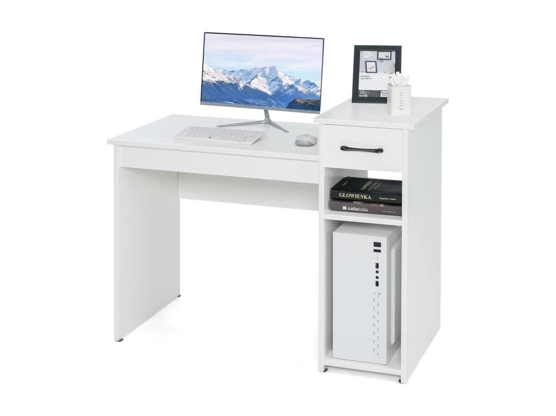Vente Unique Bureau Informatique Avec Tiroir Et Support PC Bureau D’Ordinateur En MDF Avec Étagère De Rangement à 2 Niveaux Table De Travail Pour Ordinateur 102 X 50 X 82 Cm (Blanc)