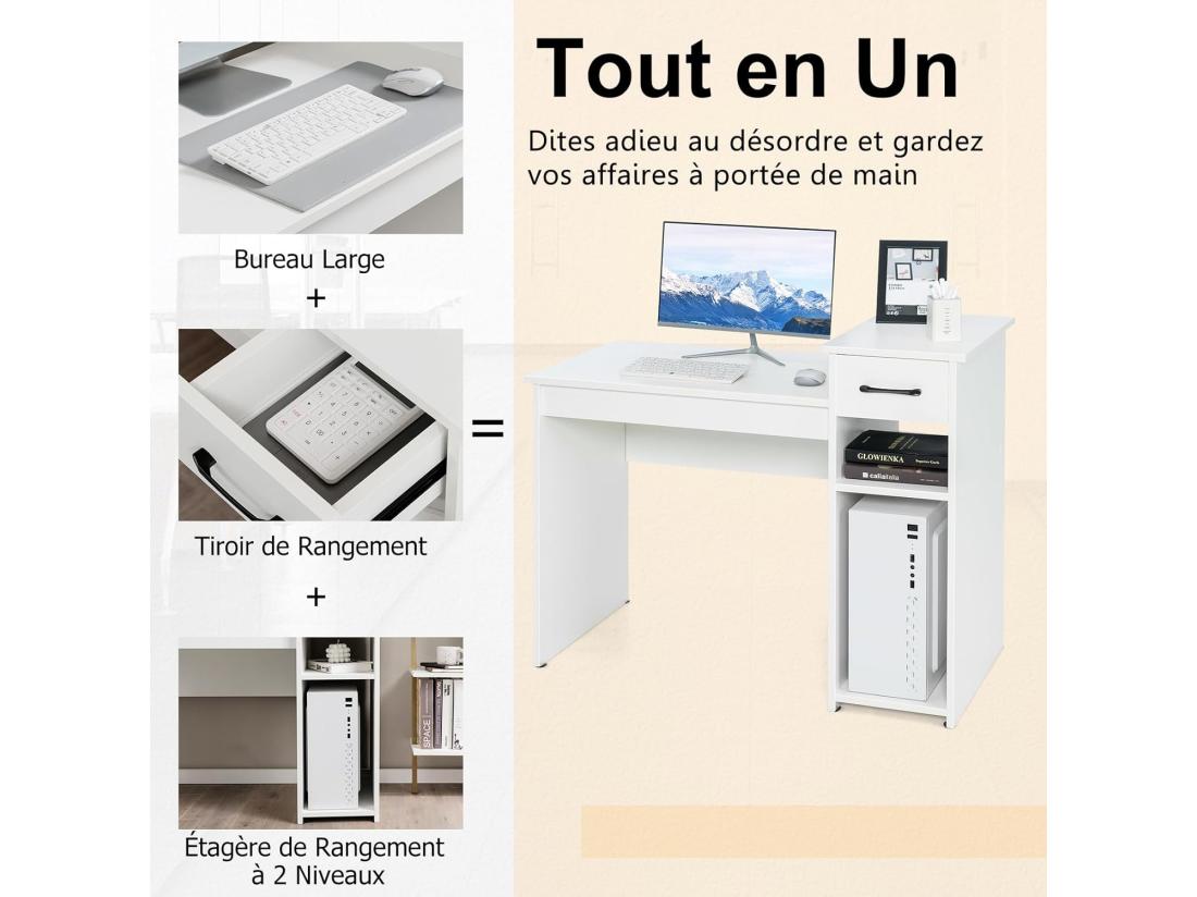 vente unique Bureau Informatique avec Tiroir et Support PC Bureau d’Ordinateur en MDF avec Étagère de Rangement à 2 Niveaux Table de Travail pour Ordinateur 102 x 50 x 82 cm (Blanc)