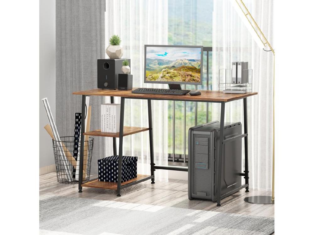 Vente Unique Bureau Informatique Design Industriel 2 étagères Panneaux Particules Aspect Vieux Bois Acier Noir