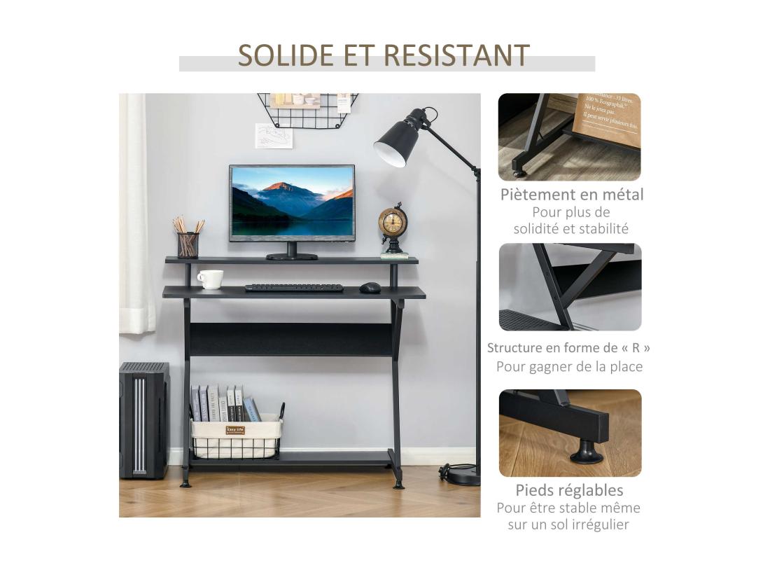 vente unique Bureau informatique gamer avec étagères dim. 100L x 60l x 85 5H cm MDF métal noir