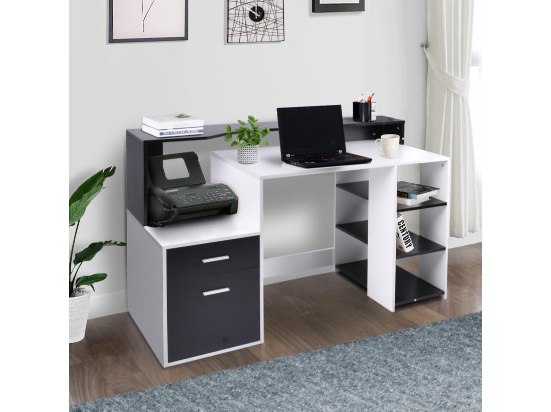 Vente Unique Bureau Informatique Multimédia Design Multi-rangements 137 L X 55 L X 92 H Cm Noir Et Blanc