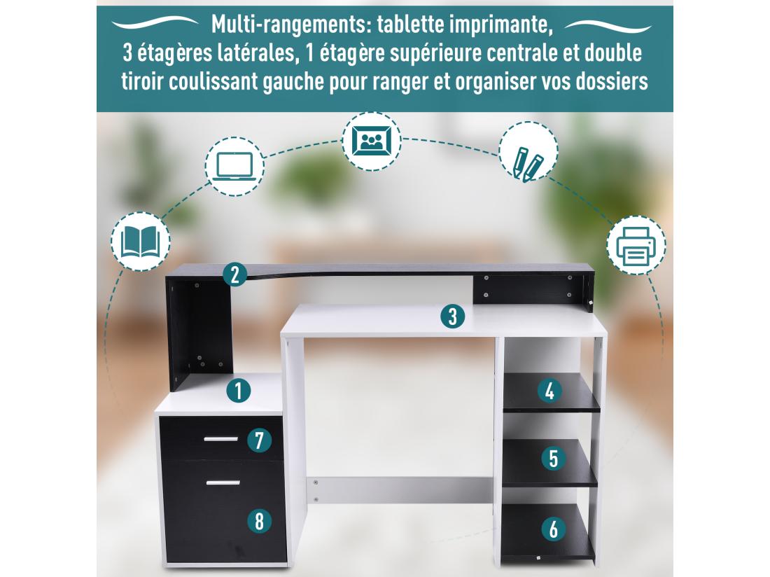 Vente Unique Bureau Informatique Multimédia Design Multi-rangements 137 L X 55 L X 92 H Cm Noir Et Blanc