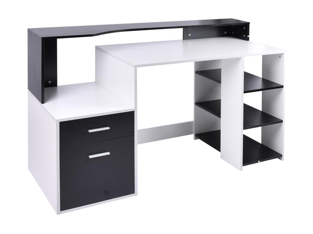 vente unique Bureau informatique multimédia design multi-rangements 137 L x 55 l x 92 H cm noir et blanc