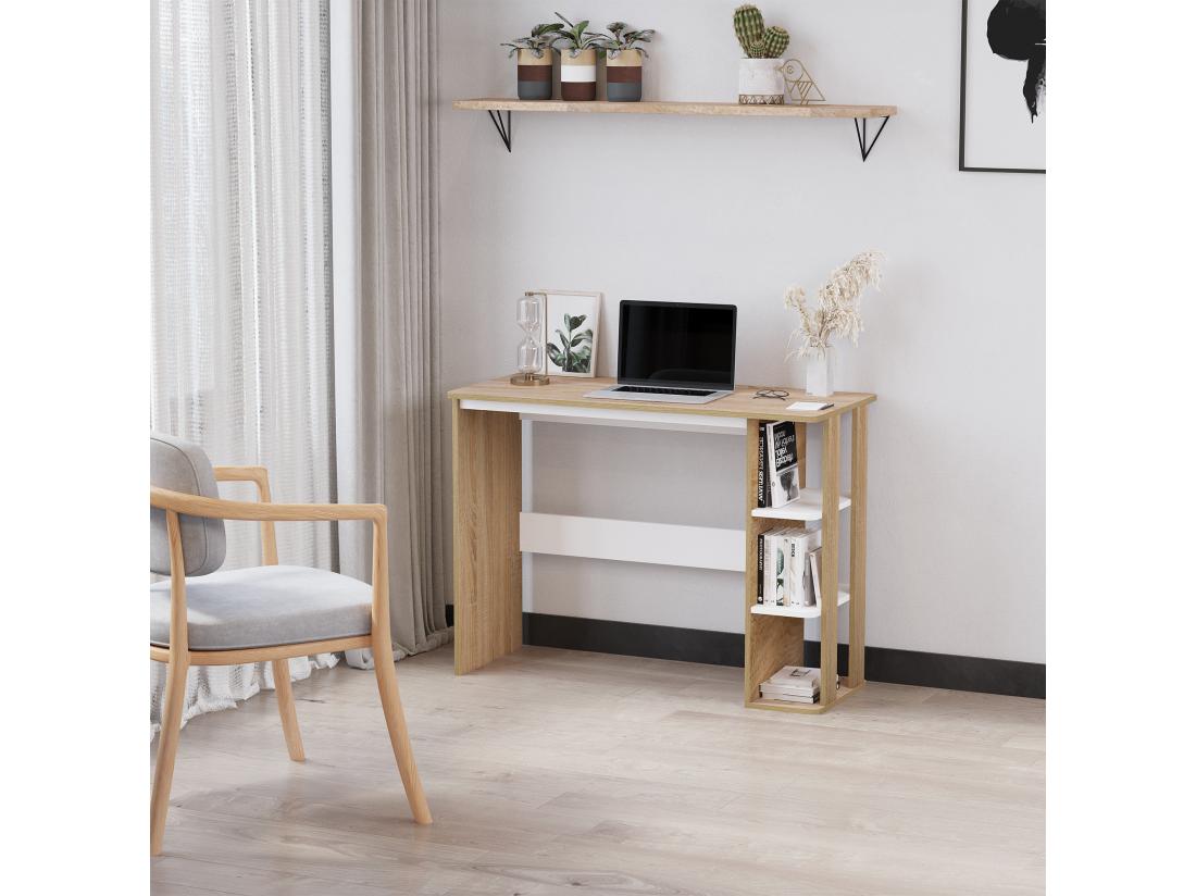Vente Unique Bureau Informatique Multimédia Dim. 100L X 44l X 74H Cm 3 étagères Latérales Panneaux Particules E1 Chêne Clair Blanc