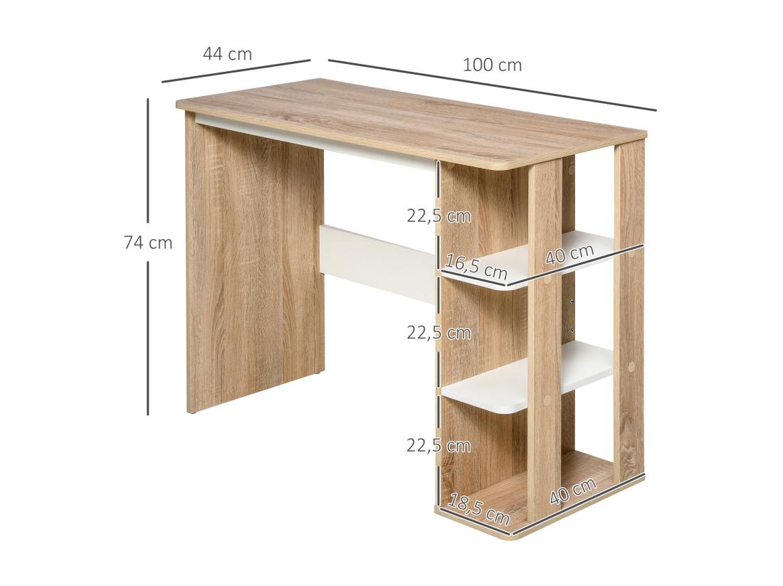 Vente Unique Bureau Informatique Multimédia Dim. 100L X 44l X 74H Cm 3 étagères Latérales Panneaux Particules E1 Chêne Clair Blanc