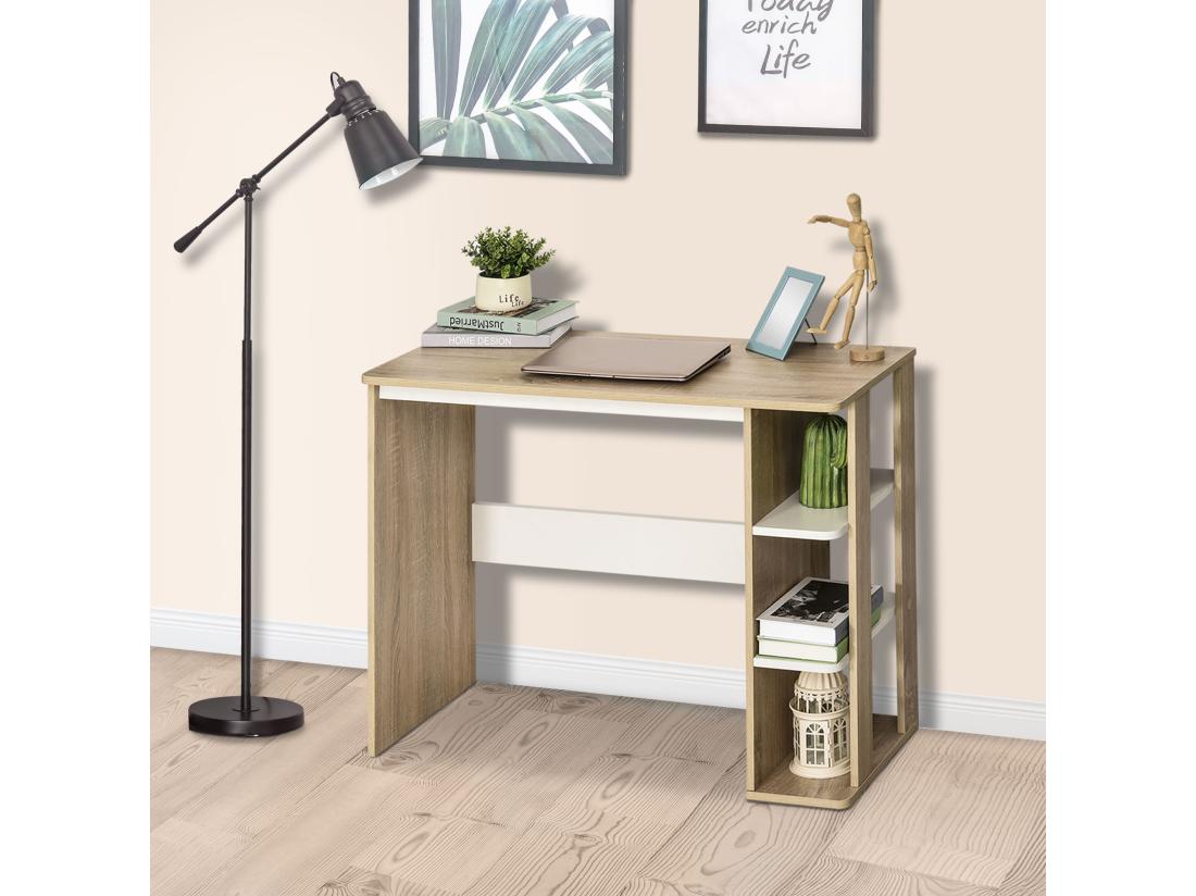 vente unique Bureau informatique multimédia dim. 100L x 44l x 74H cm 3 étagères latérales panneaux particules E1 chêne clair blanc