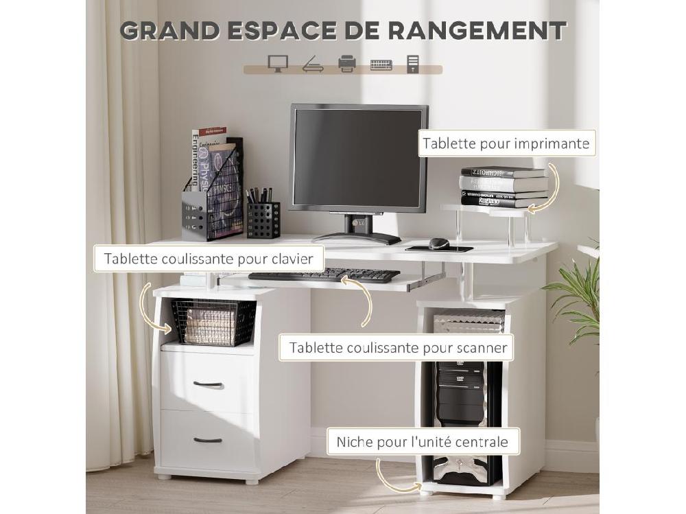 Vente Unique Bureau Informatique Multimédia Multi-rangements 120L X 55l X 85H Cm Panneaux Particules Blanc