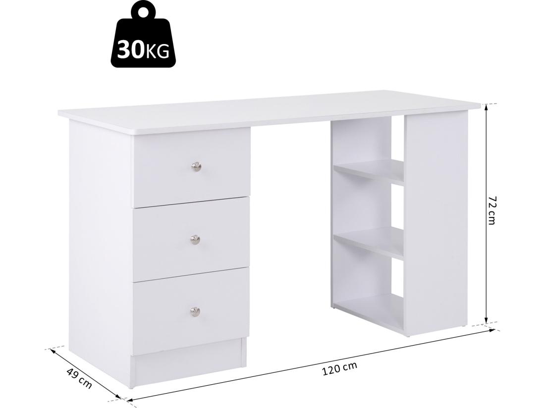 Vente Unique Bureau Informatique Multimédia Multi-rangements 3 Tiroirs 2 étagères 120L X 49l X 72H Cm Blanc