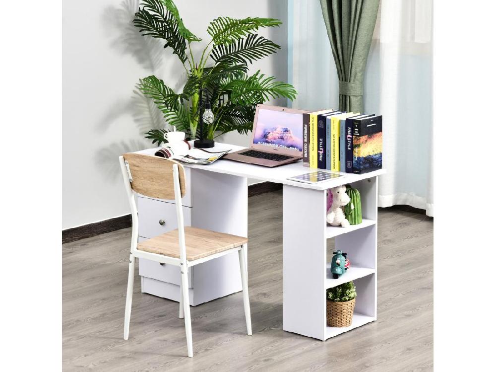 vente unique Bureau informatique multimédia multi-rangements 3 tiroirs 2 étagères 120L x 49l x 72H cm blanc