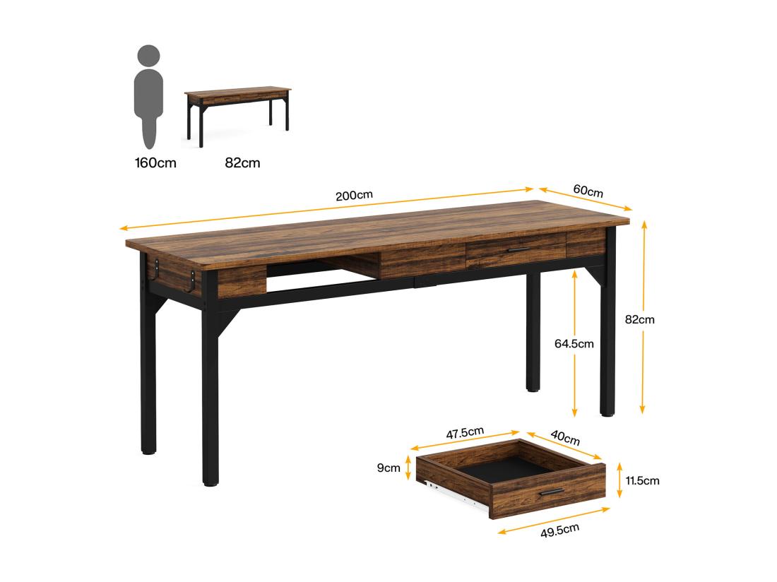 Vente Unique Bureau Informatique Table D’étude Double Bureau Long Avec 2 Schubladen 200 X 60 X 82 Cm Marron Rustique