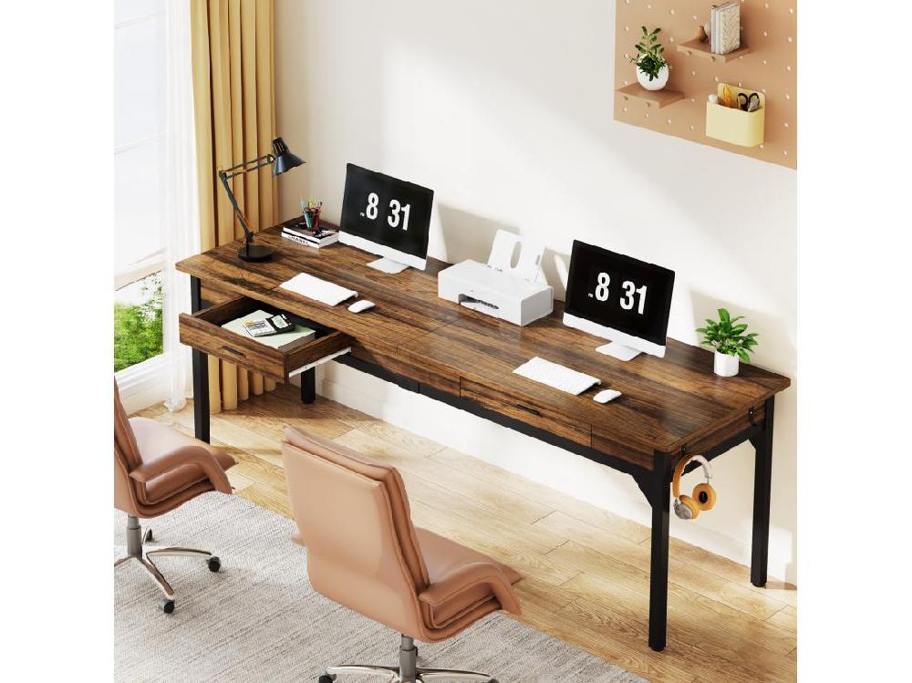 Vente Unique Bureau Informatique Table D’étude Double Bureau Long Avec 2 Schubladen 200 X 60 X 82 Cm Marron Rustique
