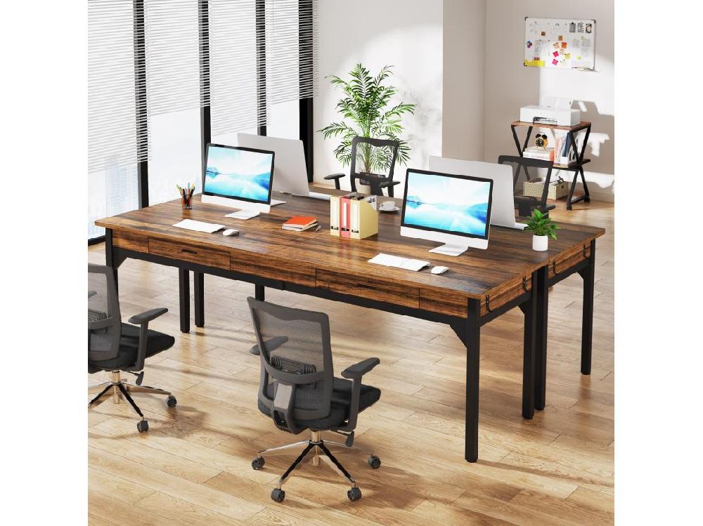 Vente Unique Bureau Informatique Table D’étude Double Bureau Long Avec 2 Schubladen 200 X 60 X 82 Cm Marron Rustique