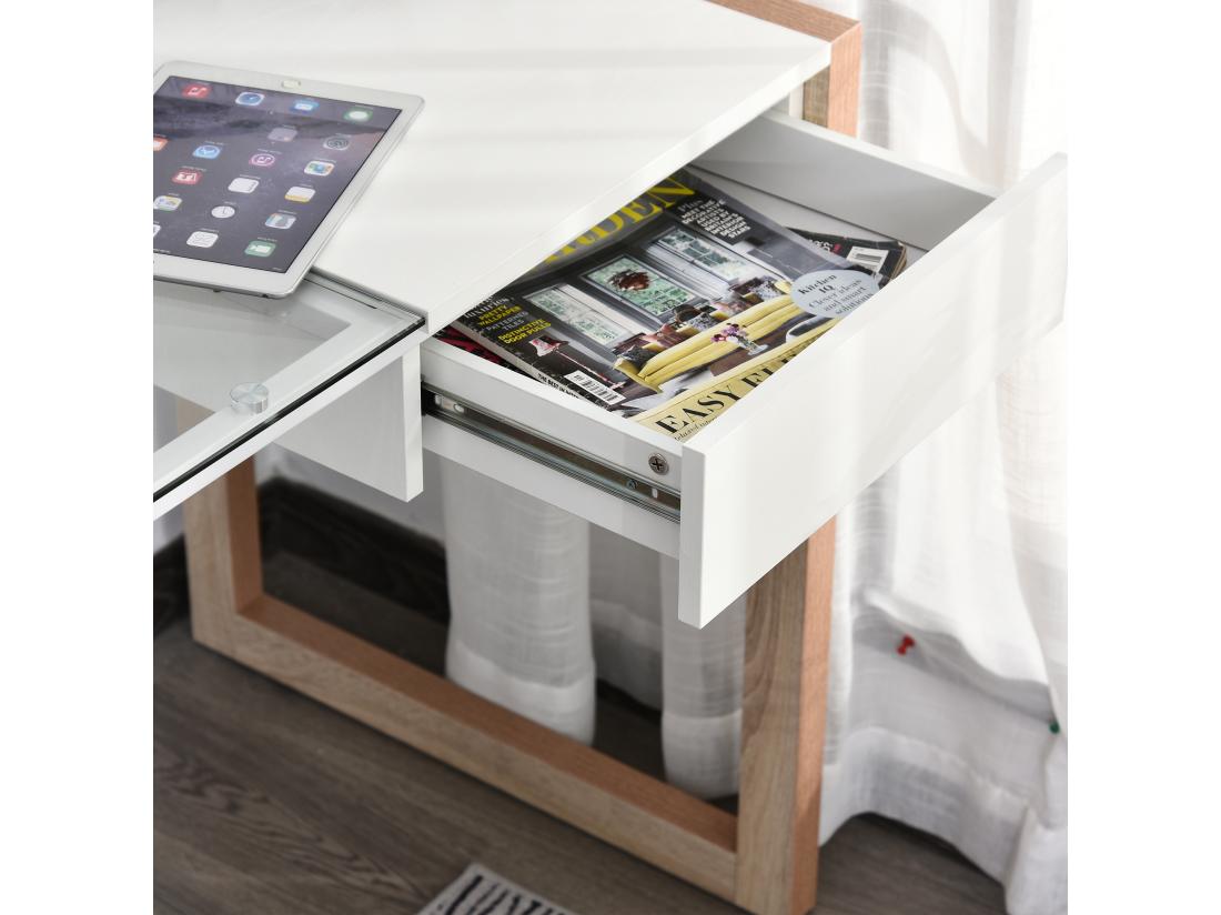 Vente Unique Bureau Informatique Table De Travail Ordinateur Avec Grand Plateau En Verre Trempé Et Tiroir Intégré Idéal Pour Bureau Chambre 120 X 60 X 75 Cm Blanc Et Bois