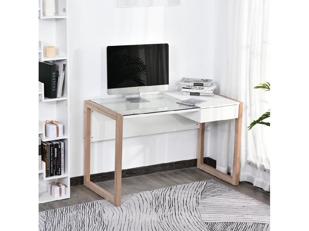 Vente Unique Bureau Informatique Table De Travail Ordinateur Avec Grand Plateau En Verre Trempé Et Tiroir Intégré Idéal Pour Bureau Chambre 120 X 60 X 75 Cm Blanc Et Bois