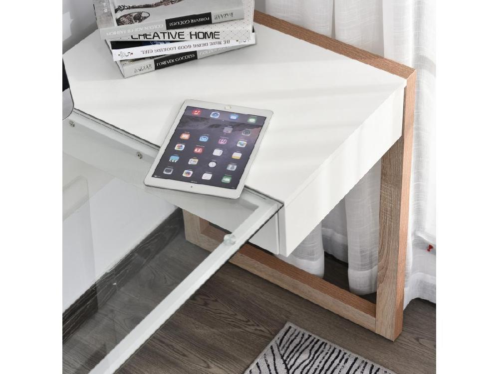 Vente Unique Bureau Informatique Table De Travail Ordinateur Avec Grand Plateau En Verre Trempé Et Tiroir Intégré Idéal Pour Bureau Chambre 120 X 60 X 75 Cm Blanc Et Bois