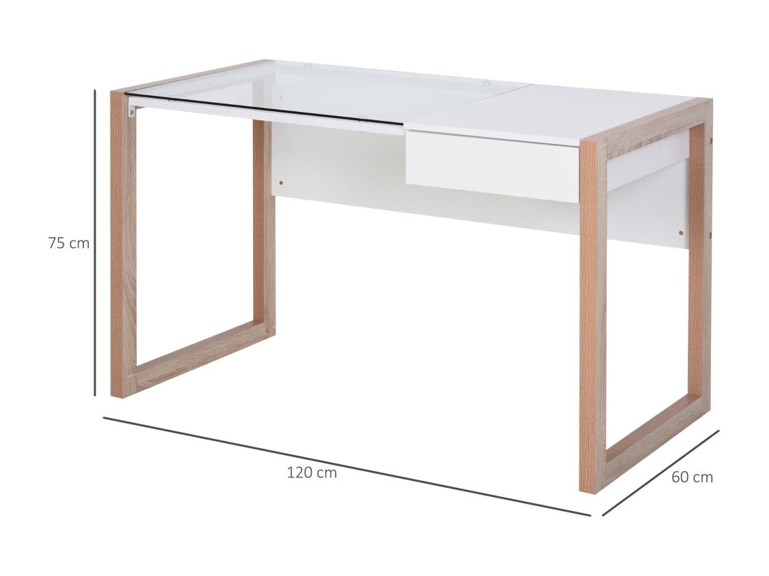 vente unique Bureau Informatique Table de Travail Ordinateur avec Grand Plateau en Verre Trempé et Tiroir Intégré Idéal pour Bureau Chambre 120 x 60 x 75 cm Blanc et Bois