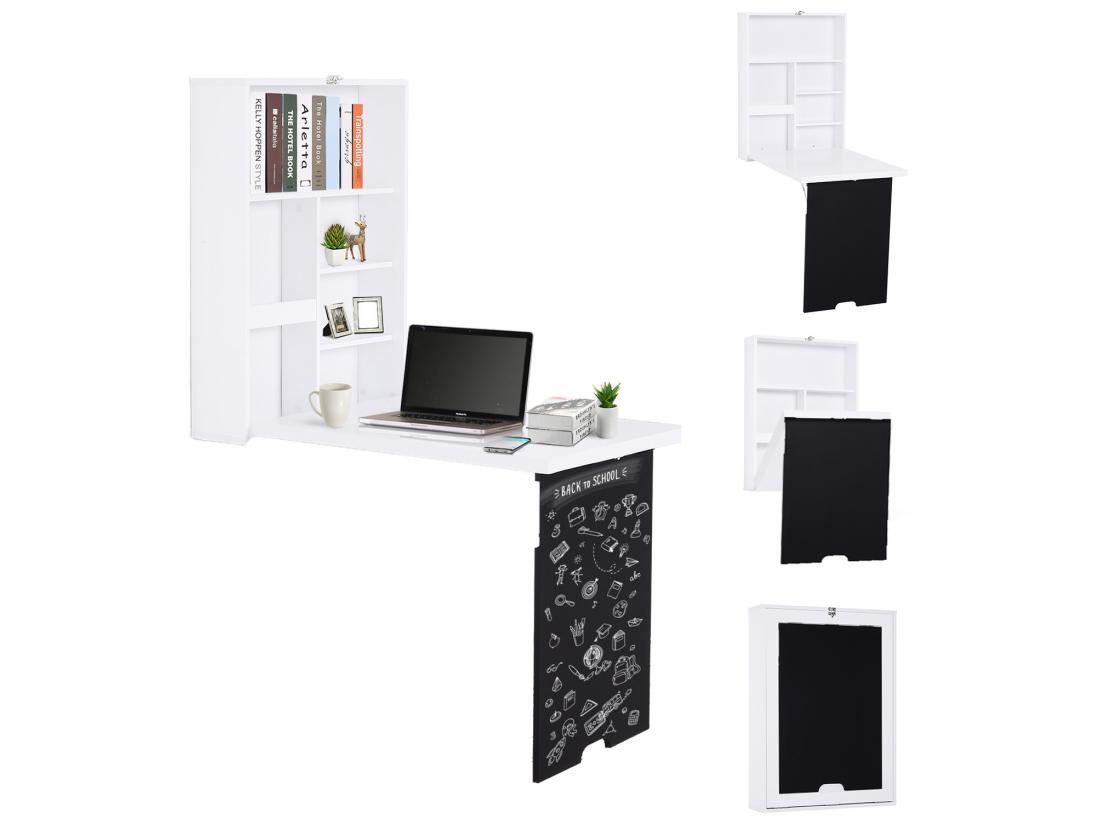 Vente Unique Bureau Mural Pliable Table Murale Rabattable Suspendue Sur Pied étagère + Tableau à Craie Intégré MDF Blanc