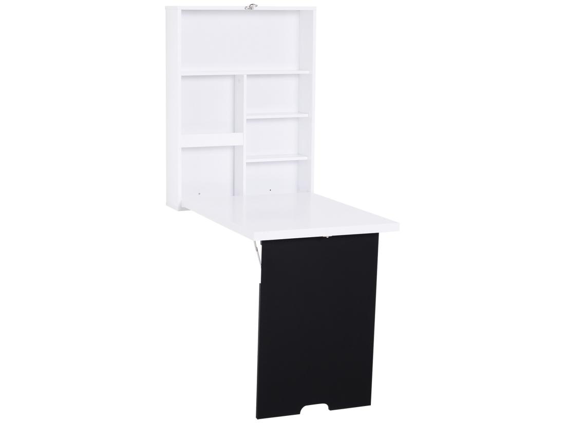 Vente Unique Bureau Mural Pliable Table Murale Rabattable Suspendue Sur Pied étagère + Tableau à Craie Intégré MDF Blanc