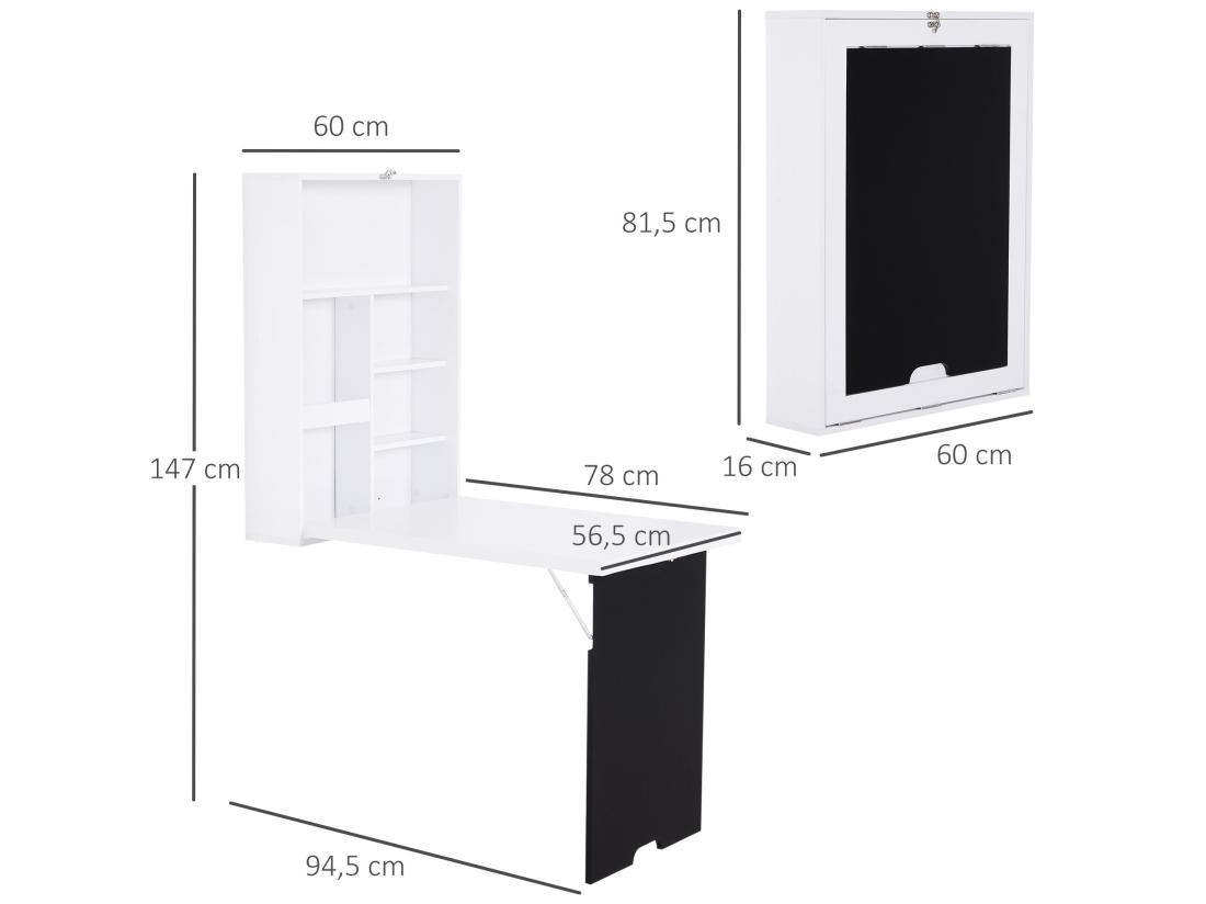 Vente Unique Bureau Mural Pliable Table Murale Rabattable Suspendue Sur Pied étagère + Tableau à Craie Intégré MDF Blanc