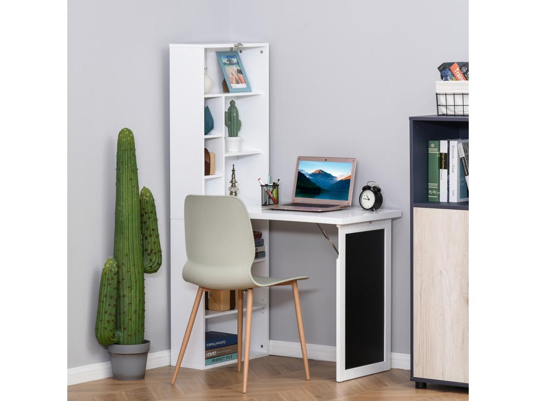 Vente Unique Bureau Mural Pliable Table Murale Rabattable Suspendue Sur Pied Avec Bibliothèque Tableau à Craie Intégré Panneaux Particules Blanc