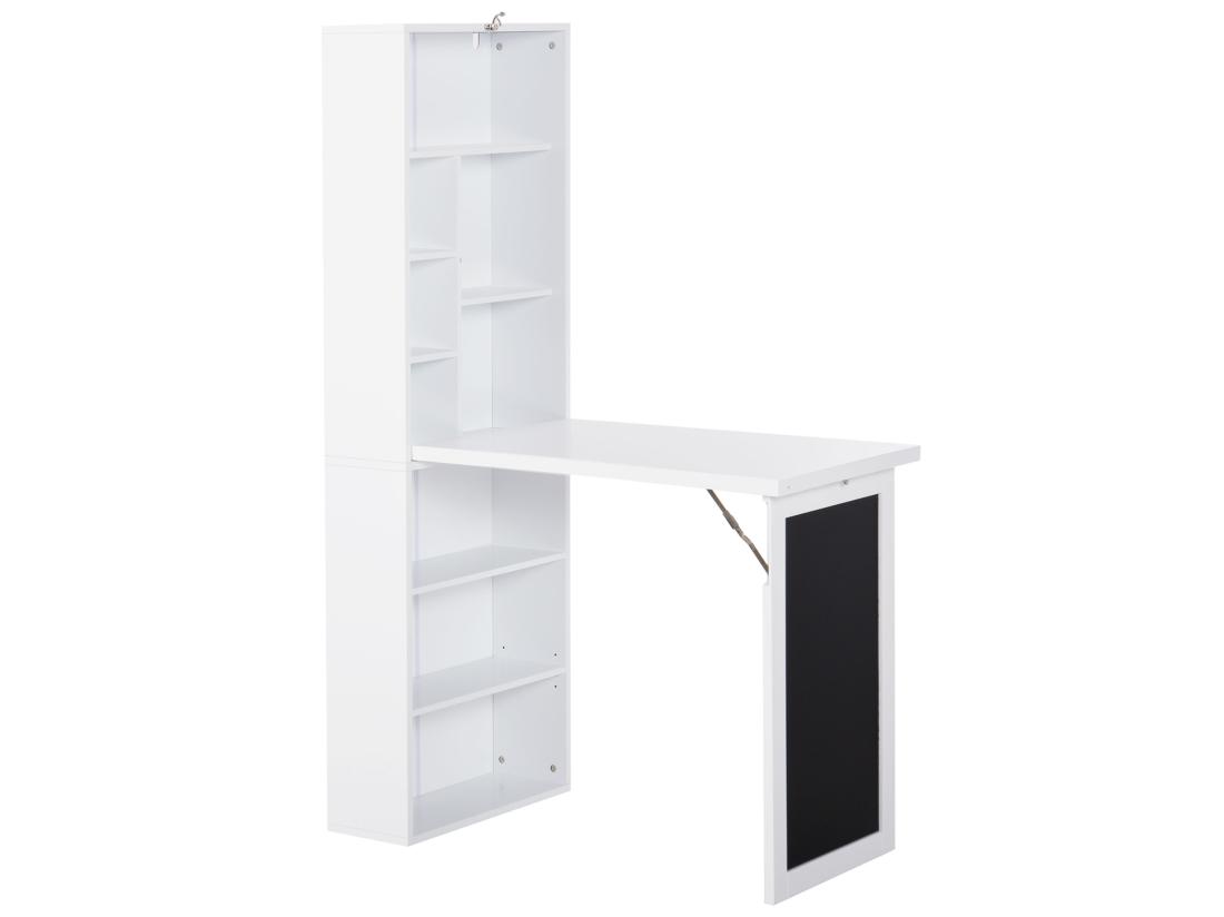 Vente Unique Bureau Mural Pliable Table Murale Rabattable Suspendue Sur Pied Avec Bibliothèque Tableau à Craie Intégré Panneaux Particules Blanc