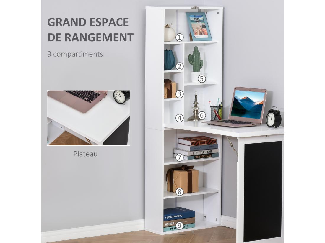 vente unique Bureau mural pliable table murale rabattable suspendue sur pied avec bibliothèque tableau à craie intégré panneaux particules blanc