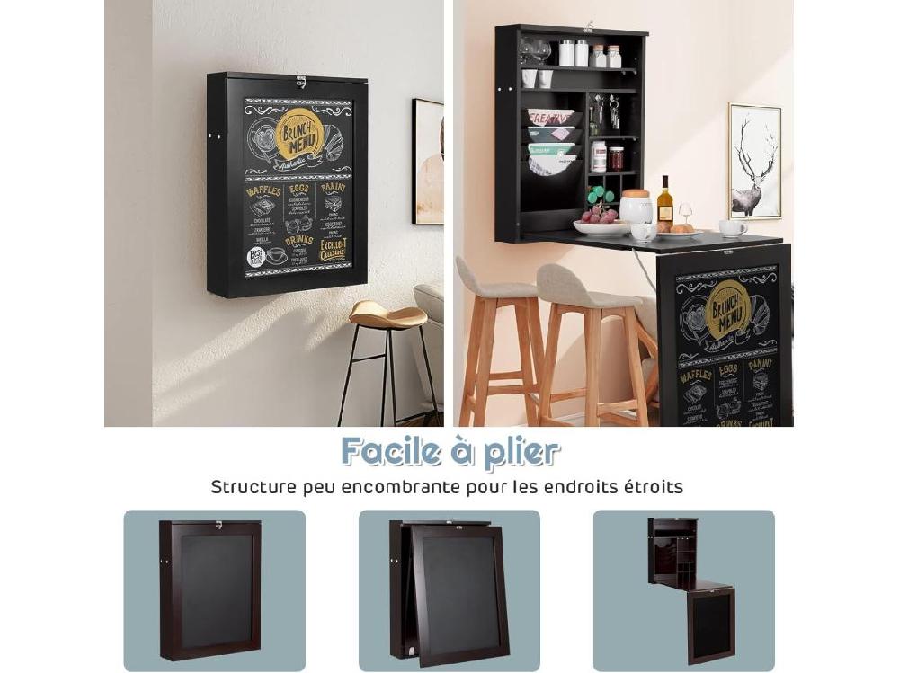 Vente Unique Bureau Mural Rabattable Table Murale Pliable Avec Compartiments Intégrés Et Plateau Inscriptible 87 X 60 X 150 CM Noir