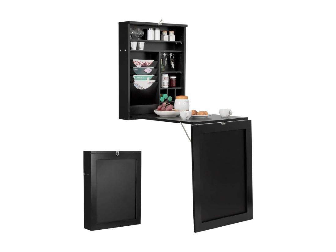 Vente Unique Bureau Mural Rabattable Table Murale Pliable Avec Compartiments Intégrés Et Plateau Inscriptible 87 X 60 X 150 CM Noir