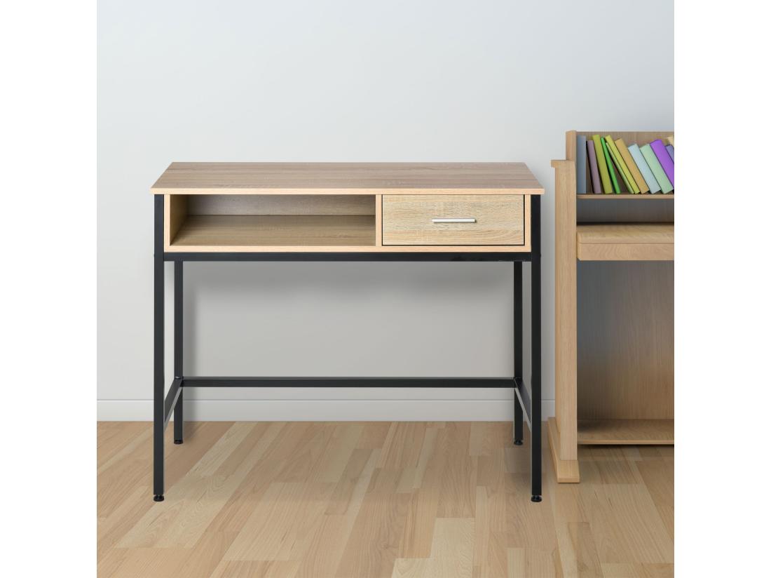 Vente Unique Bureau Style Industriel Casier + Tiroir Coulissant Châssis Métal Noir Plateau Panneaux Particules Chêne Clair
