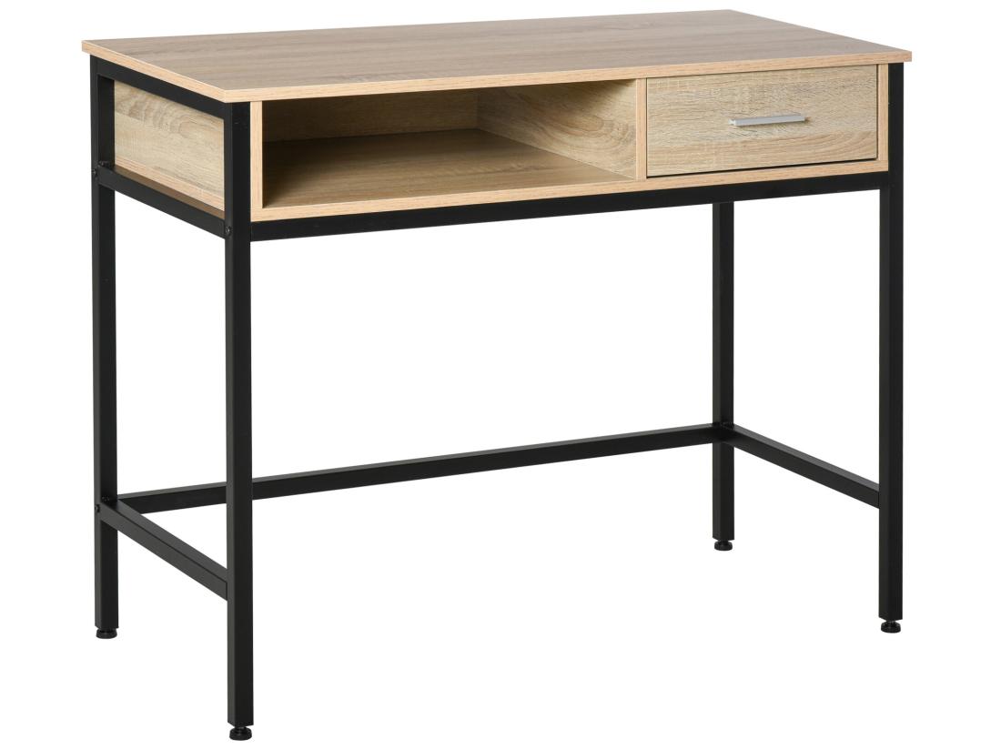 Vente Unique Bureau Style Industriel Casier + Tiroir Coulissant Châssis Métal Noir Plateau Panneaux Particules Chêne Clair