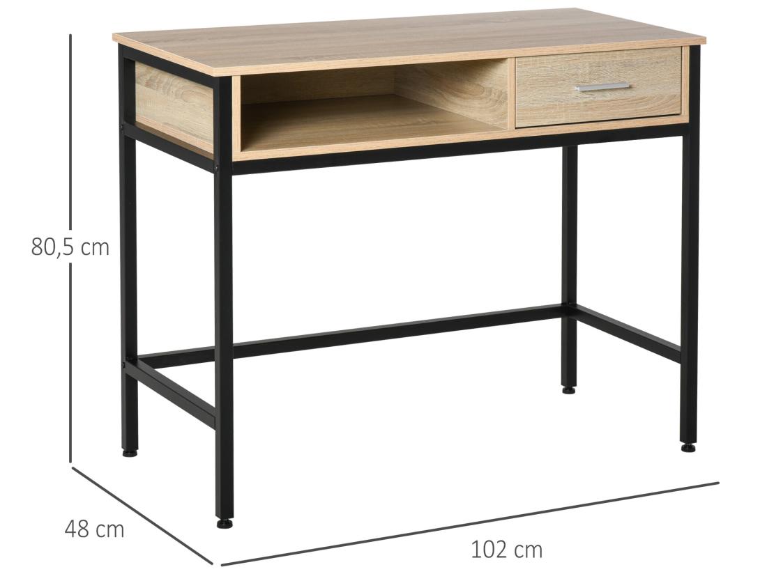 Vente Unique Bureau Style Industriel Casier + Tiroir Coulissant Châssis Métal Noir Plateau Panneaux Particules Chêne Clair