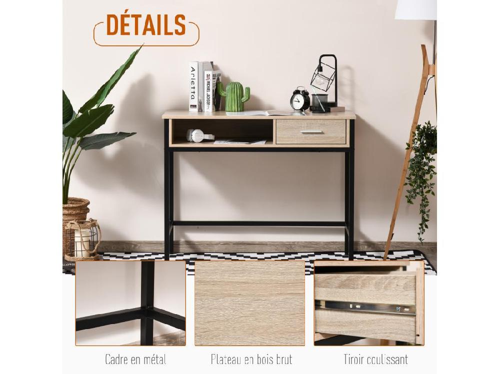 vente unique Bureau style industriel casier + tiroir coulissant châssis métal noir plateau panneaux particules chêne clair